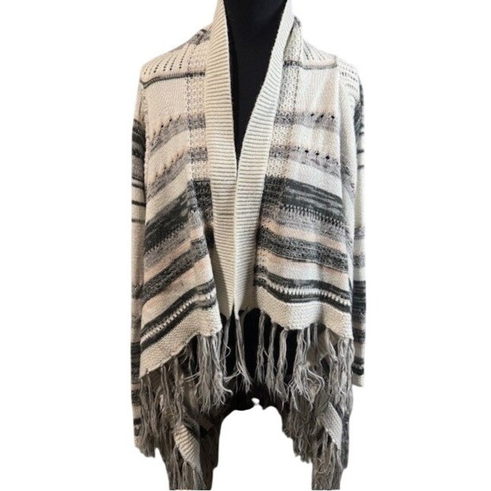 Torrid Cardigan Women L Open Front Striped Fringe‎ Hem Boho Knit Sweater